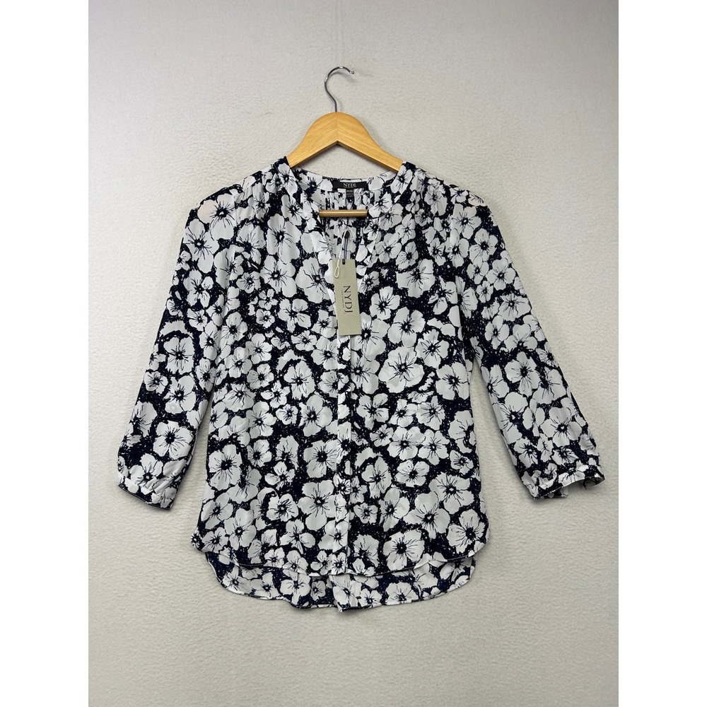 Floral NYDJ Womens PXXS Navy White Pintuck Blouse Office Career Lightweight